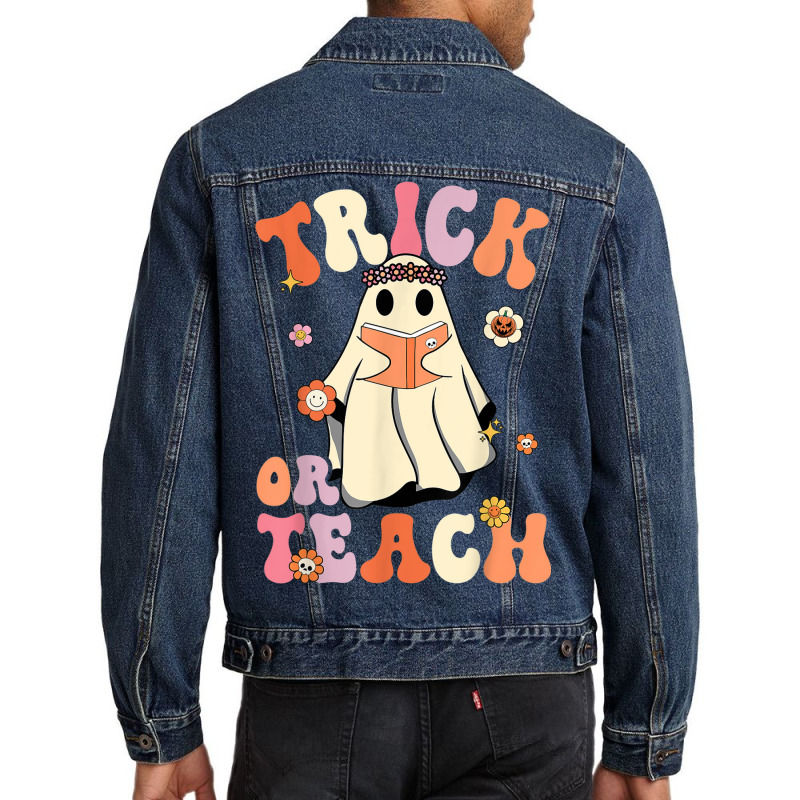 Retro Groovy Trick Or Teach Halloween Floral Ghost Teacher Men Denim Jacket | Artistshot