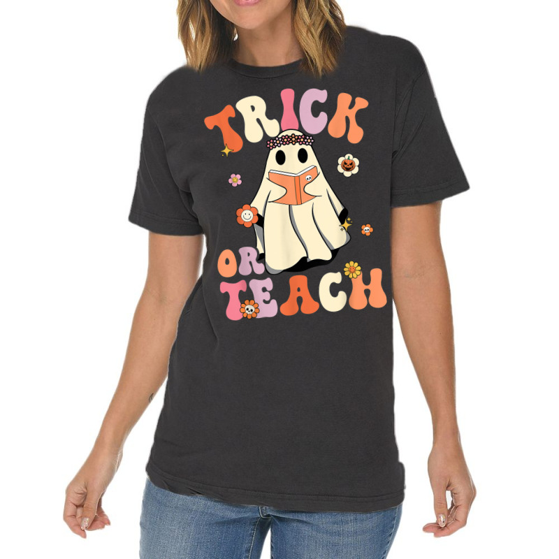 Retro Groovy Trick Or Teach Halloween Floral Ghost Teacher Vintage T-shirt | Artistshot