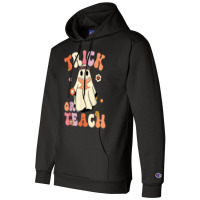 Retro Groovy Trick Or Teach Halloween Floral Ghost Teacher Champion Hoodie | Artistshot