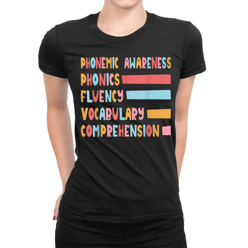 Phonemic Awareness Phonics Fluency Vocabulary Comprehension Ladies Fitted T-Shirt by Prismatic | Artistshot