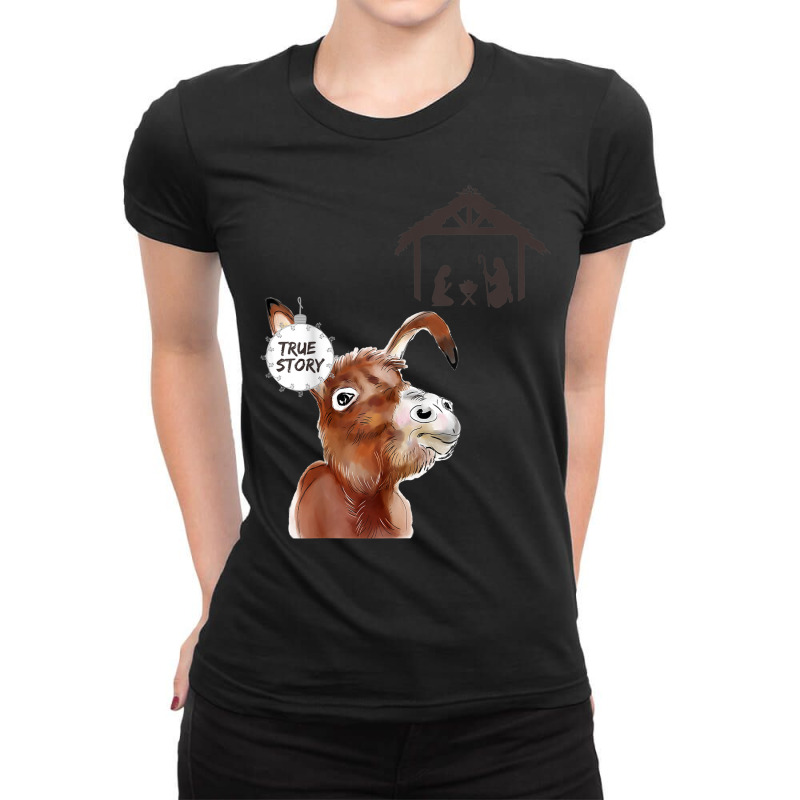 True Story Nativity Scene Merry Christmas Donkey Ladies Fitted T-Shirt by Sombre | Artistshot