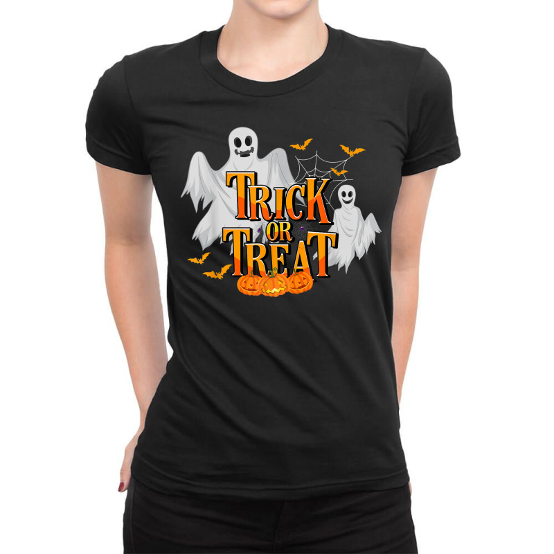 Trick Or Treat Halloween Pumpkin Ghost Halloween Costume Ladies Fitted T-Shirt by Complete | Artistshot