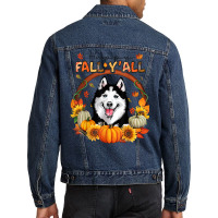 Happy Fall Y'all Siberian Husky Watercolor Pumpkin Autumn Men Denim Jacket | Artistshot