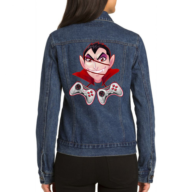 Funny Vampire With Gaming Controllers Halloween Costume Day Ladies Denim Jacket by Orchid | Artistshot