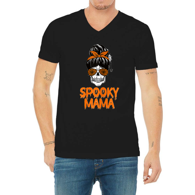 Womens Spooky Mama Lazy Halloween Costume Skull Messy Bun V-neck Tee | Artistshot