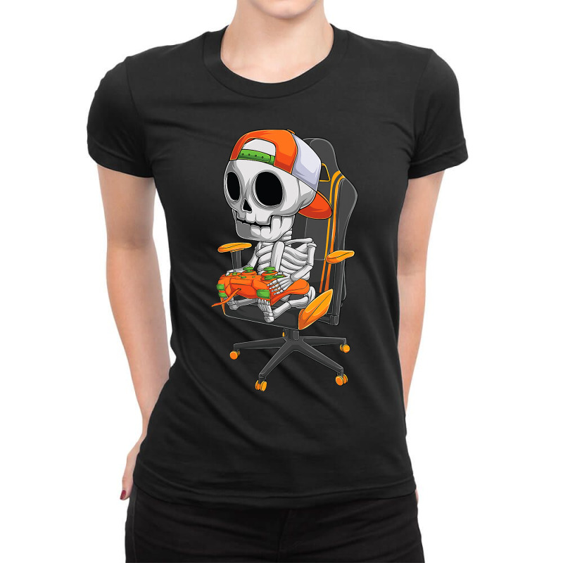 Halloween Skeleton Gamer Video Gaming Boys Men Kids Teens Ladies Fitted T-Shirt by Haley1989 | Artistshot