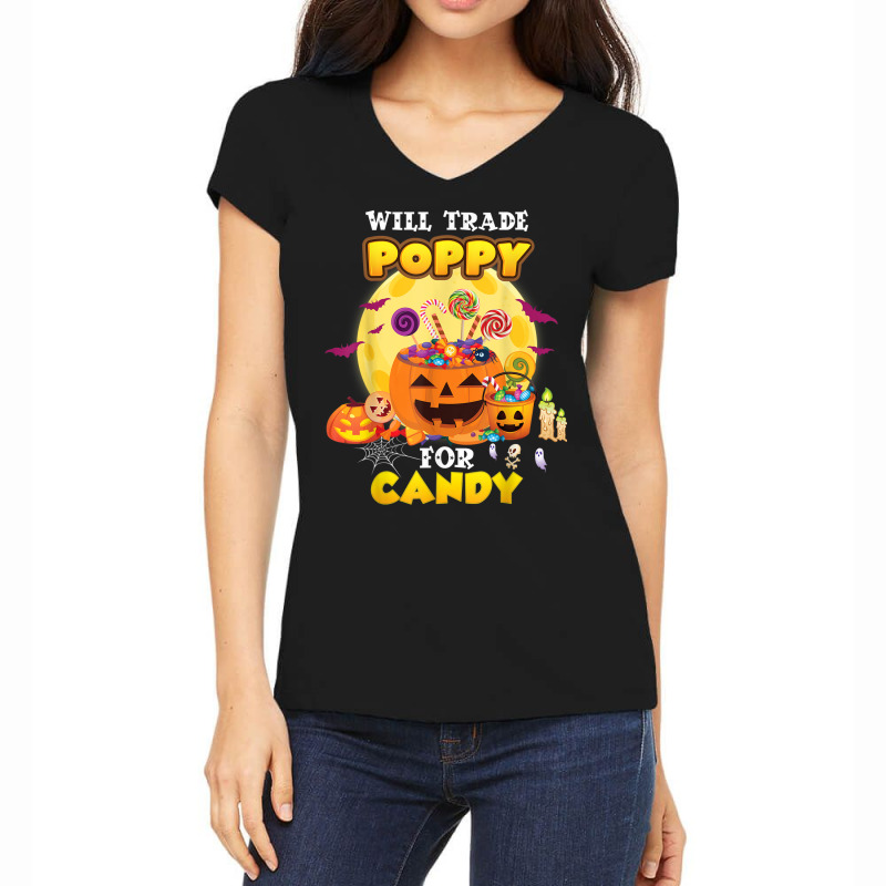 Will Trade Poppy For Candy Halloween Scary Pumpkin Face Moon Women's V-Neck T-Shirt by Fashlaza | Artistshot