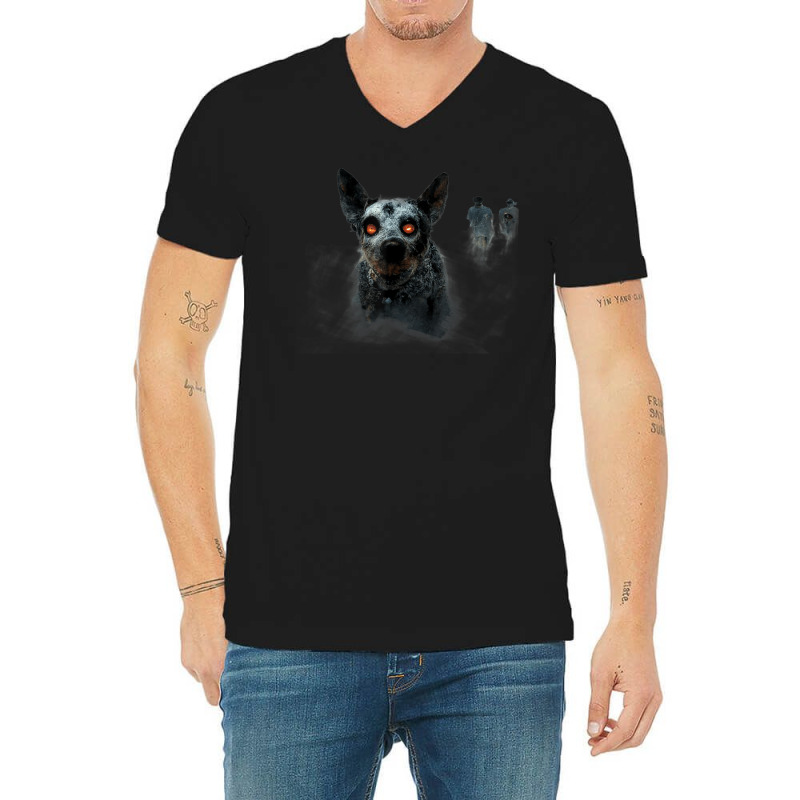 Australian Cattle Dog Trotting Through Zombie With Red Eyes V-Neck Tee by August | Artistshot