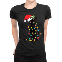 Santa Black Cat Tangled Up In Christmas Tree Lights Holiday Ladies Fitted T-shirt | Artistshot