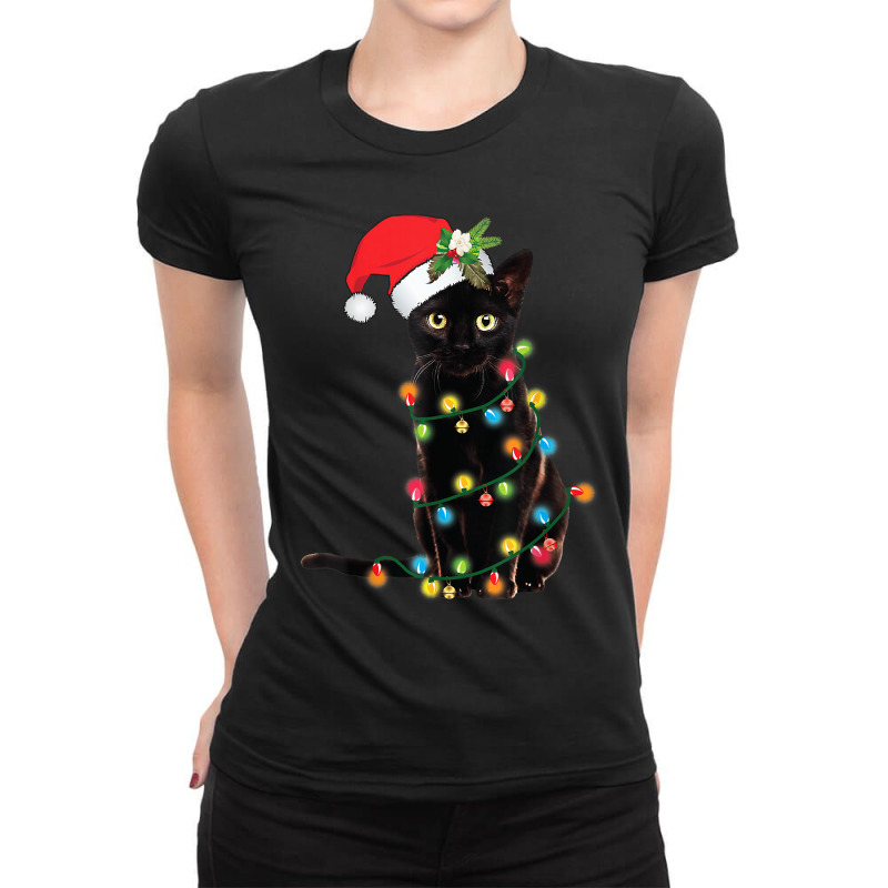 Santa Black Cat Tangled Up In Christmas Tree Lights Holiday Ladies Fitted T-Shirt by rayhenault | Artistshot