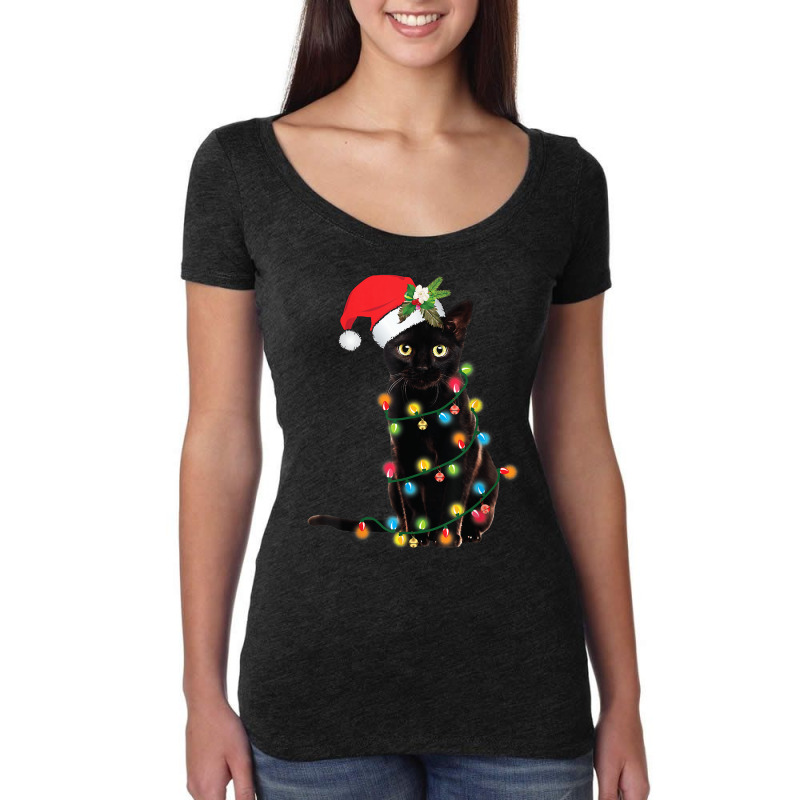 Santa Black Cat Tangled Up In Christmas Tree Lights Holiday Women's Triblend Scoop T-shirt by rayhenault | Artistshot