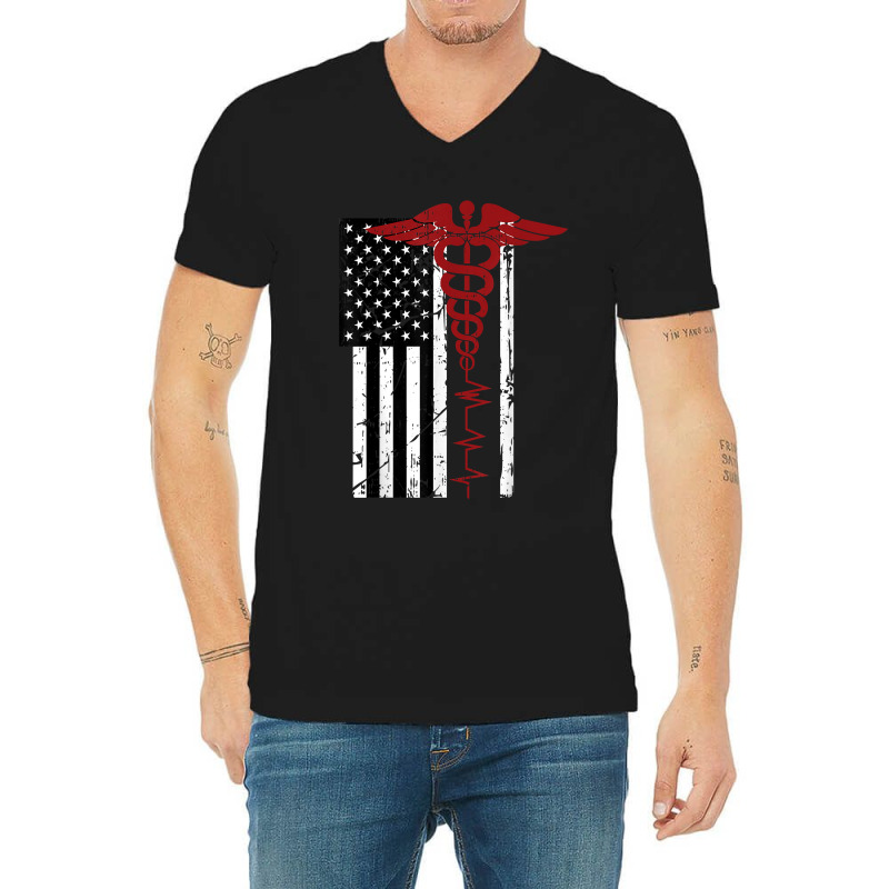 Usa Flag Medical Symbol Black Patriotic Caduceus Nurse Gift V-neck Tee | Artistshot