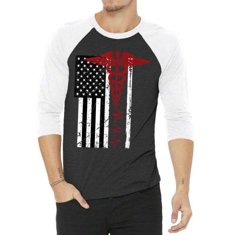 Usa Flag Medical Symbol Black Patriotic Caduceus Nurse Gift 3/4 Sleeve Shirt | Artistshot