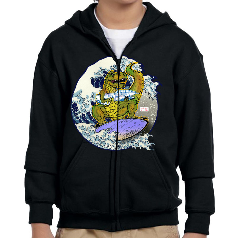 Surfing T-rex With A Gun, Surfing T-rex, Gigantic Surfing T-rex, Surfi Youth Zipper Hoodie by SHTULIPS | Artistshot