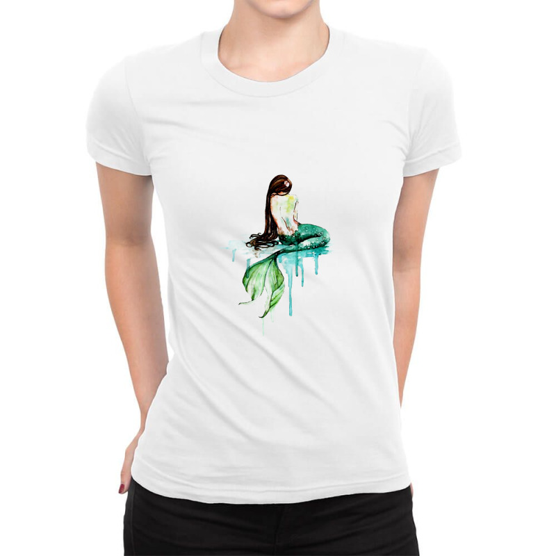 Green Tailed Mermaid  Mermaid Watercolor Painting Art Ladies Fitted T-shirt | Artistshot