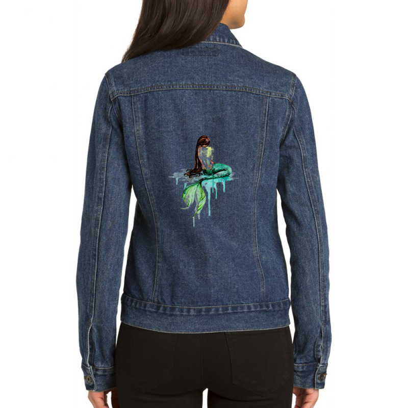 Green Tailed Mermaid  Mermaid Watercolor Painting Art Ladies Denim Jacket | Artistshot