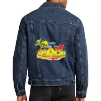 Multicolored Beach Word On Beach With Flip Flops  Coconut Palm Trees A Men Denim Jacket | Artistshot