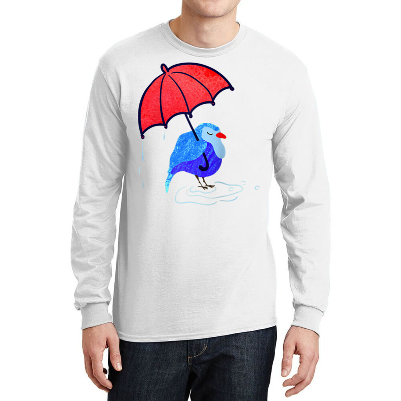 Cool Blue Bird With Red Umbrella Under Rain Animal Standing Raglan Bas Long Sleeve Shirts | Artistshot