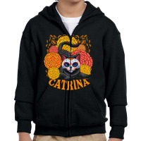 Black Cat With Catrina Mask And Flowers Youth Zipper Hoodie | Artistshot