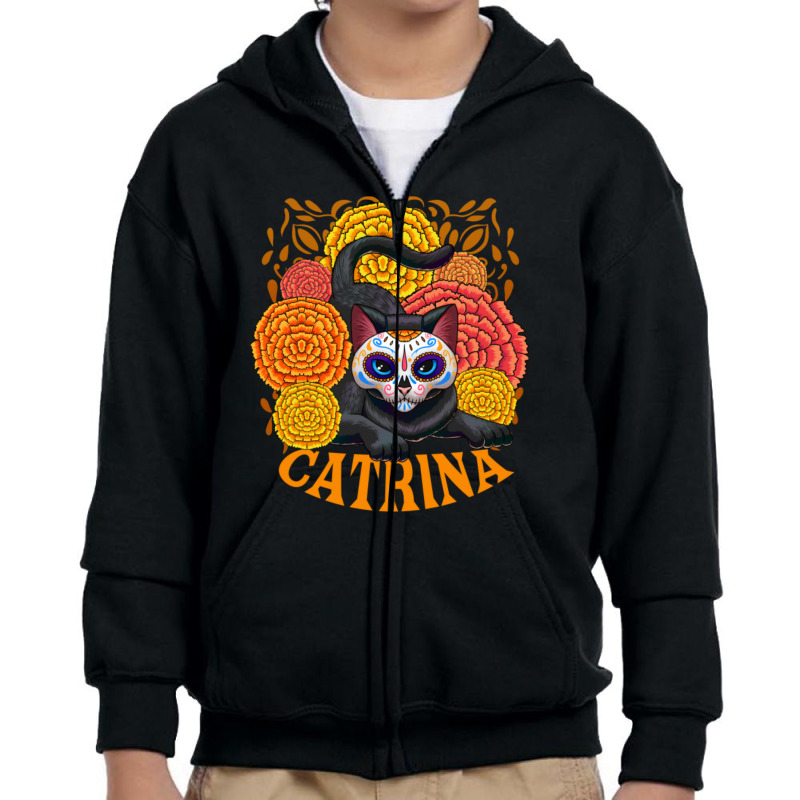 Black Cat With Catrina Mask And Flowers Youth Zipper Hoodie by atereabag | Artistshot