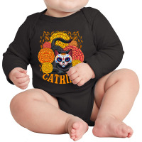 Black Cat With Catrina Mask And Flowers Long Sleeve Baby Bodysuit | Artistshot