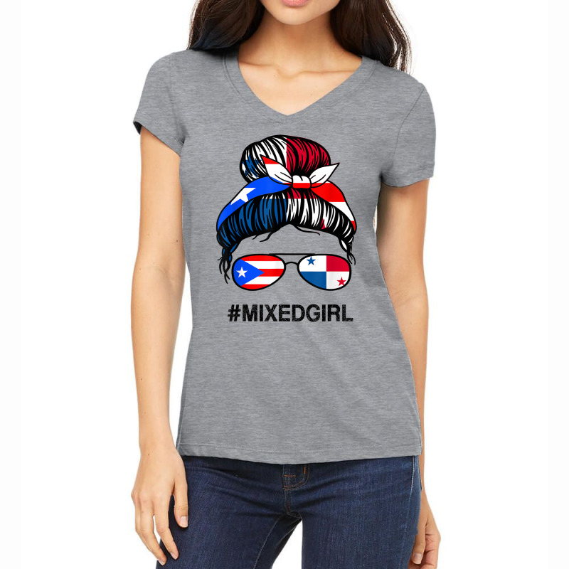 Puerto Rico Panama Flag Puerto Rican Panamanian Messy Bun T Shirt Women's V-Neck T-Shirt by cm-arts | Artistshot