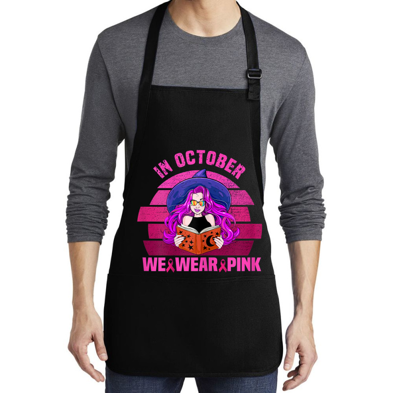 Womens In October We Wear Pink Ribbon Witch Magical Book Halloween Medium-length Apron | Artistshot