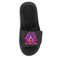 Womens In October We Wear Pink Ribbon Witch Magical Book Halloween Slide Sandal | Artistshot