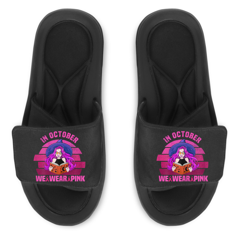 Womens In October We Wear Pink Ribbon Witch Magical Book Halloween Slide Sandal | Artistshot