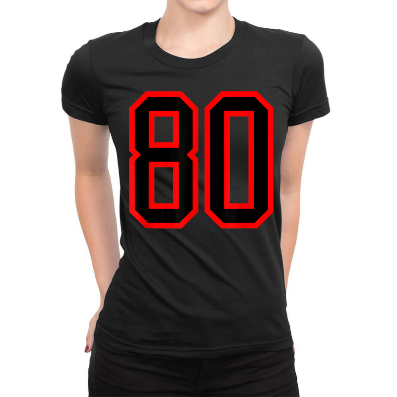 Jersey Number #80 Red Black Sports Birthday Lucky Number 80 Ladies Fitted T-Shirt by Color | Artistshot