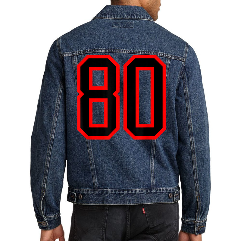 Jersey Number #80 Red Black Sports Birthday Lucky Number 80 Men Denim Jacket by Color | Artistshot