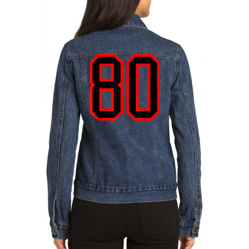 Jersey Number #80 Red Black Sports Birthday Lucky Number 80 Ladies Denim Jacket by Color | Artistshot