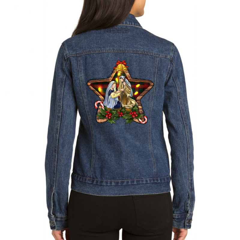 Nativity Scene In Christmas Star Jesus Birthday Graphic Sweatshirt Ladies Denim Jacket by cm-arts | Artistshot