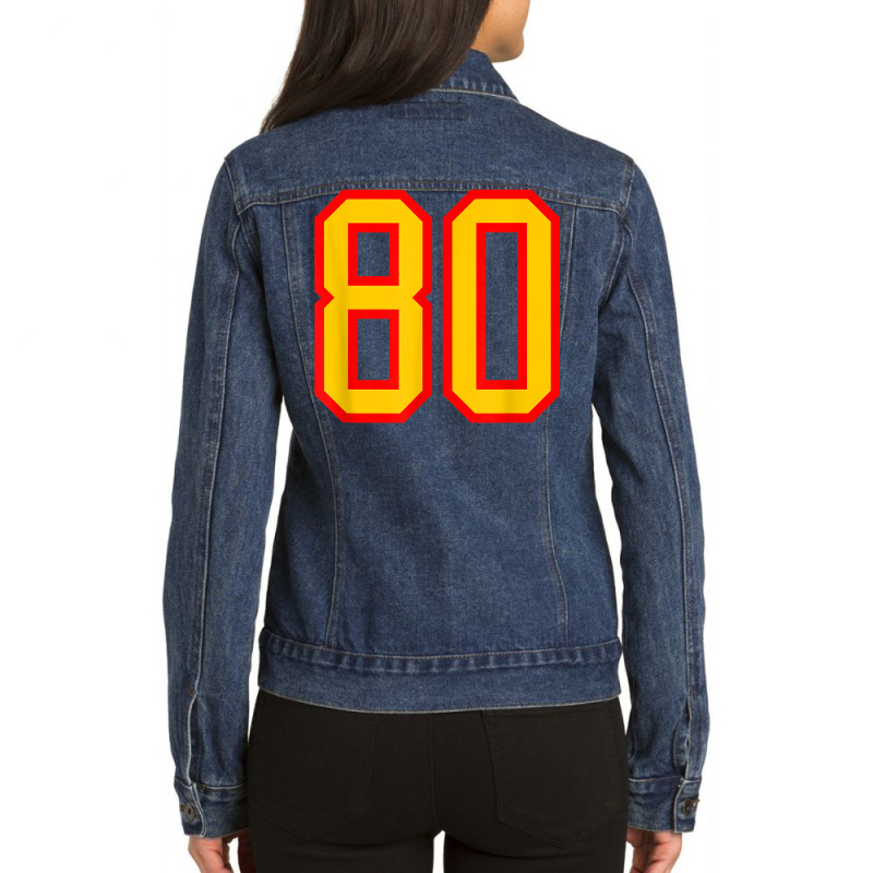 Number #80 Red Yellow Sports Jersey Birthday Lucky Number 80 Ladies Denim Jacket by Outpost | Artistshot