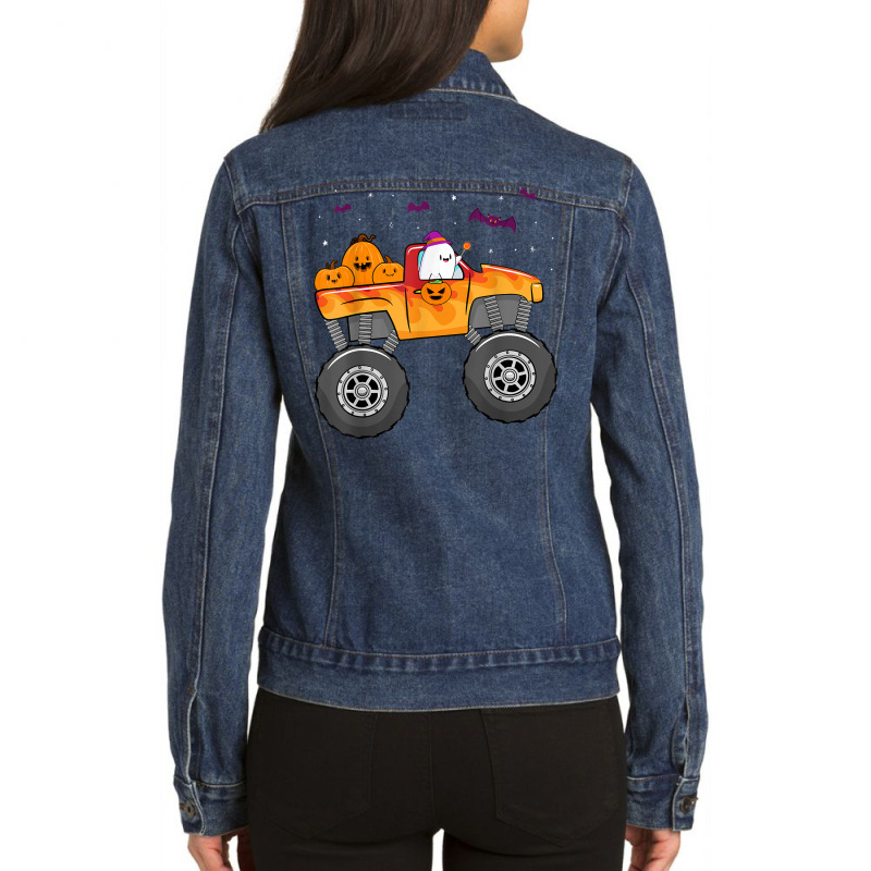 Funny Halloween Ghost Monster Truck Cute Bats Pumpkin Candy Ladies Denim Jacket by Outpost | Artistshot