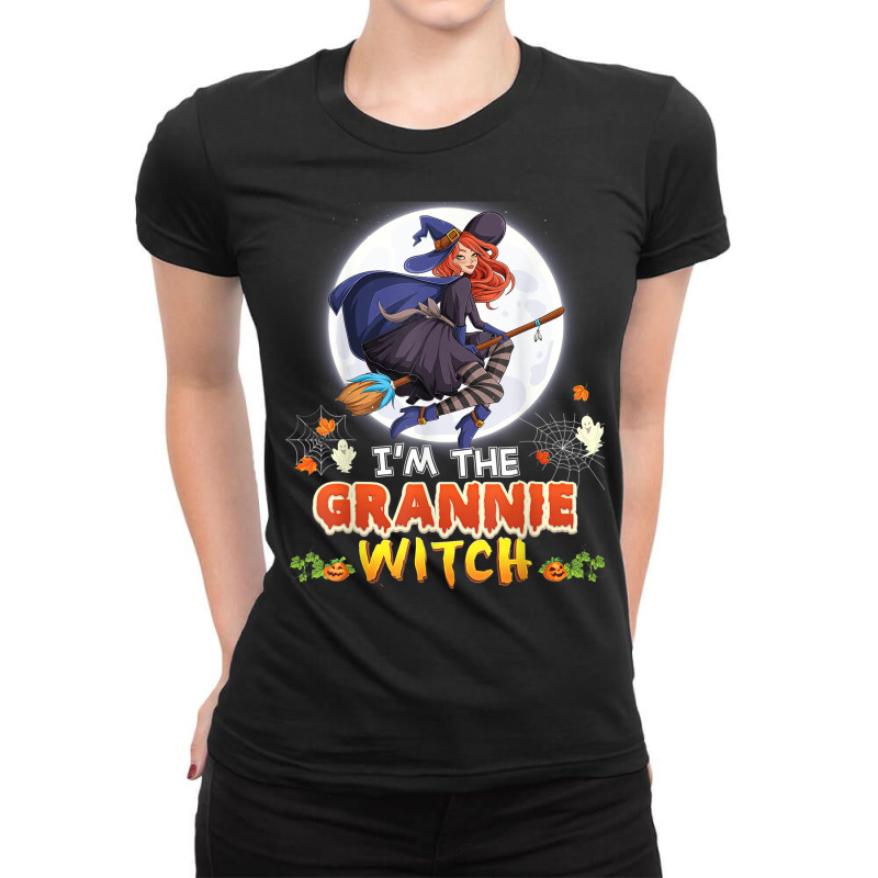 I'm The Grannie Witch Halloween Flying Broom Moon Ghost Ladies Fitted T-Shirt by Queens | Artistshot