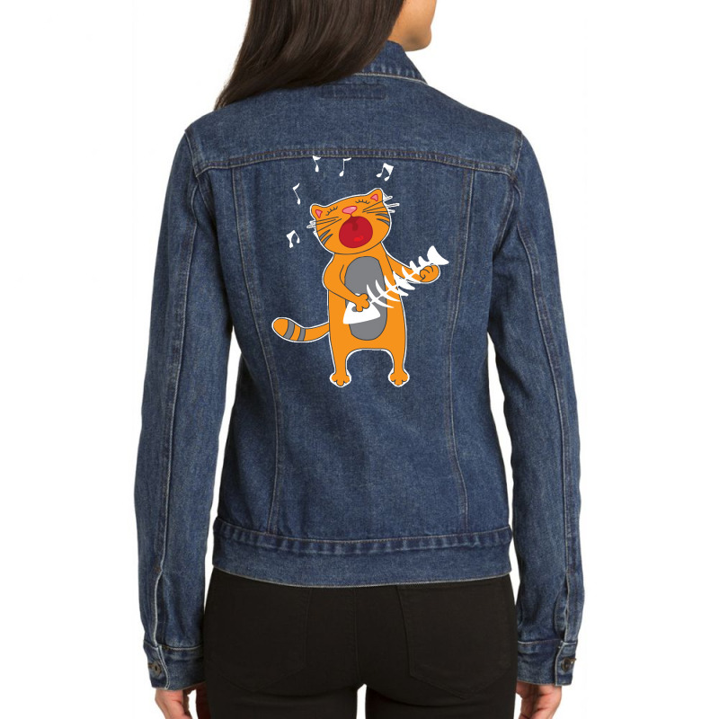 Cat Playing Fish Bone, Cat Playing Fish Bone Art, Cat Playing Fish Bon Ladies Denim Jacket by cm-arts | Artistshot