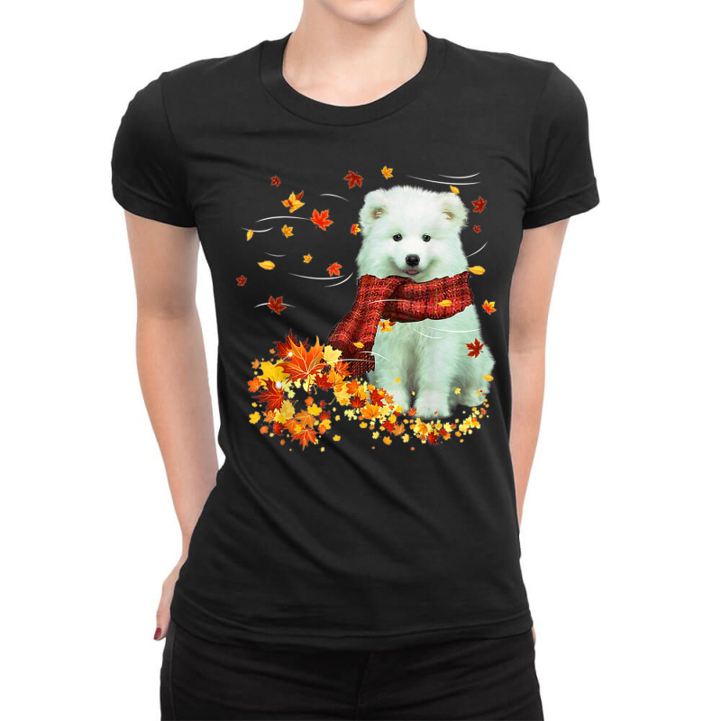 Samoyed Fall Scarf   Dogs Autumn Leaves Ladies Fitted T-Shirt by Fashzilla | Artistshot