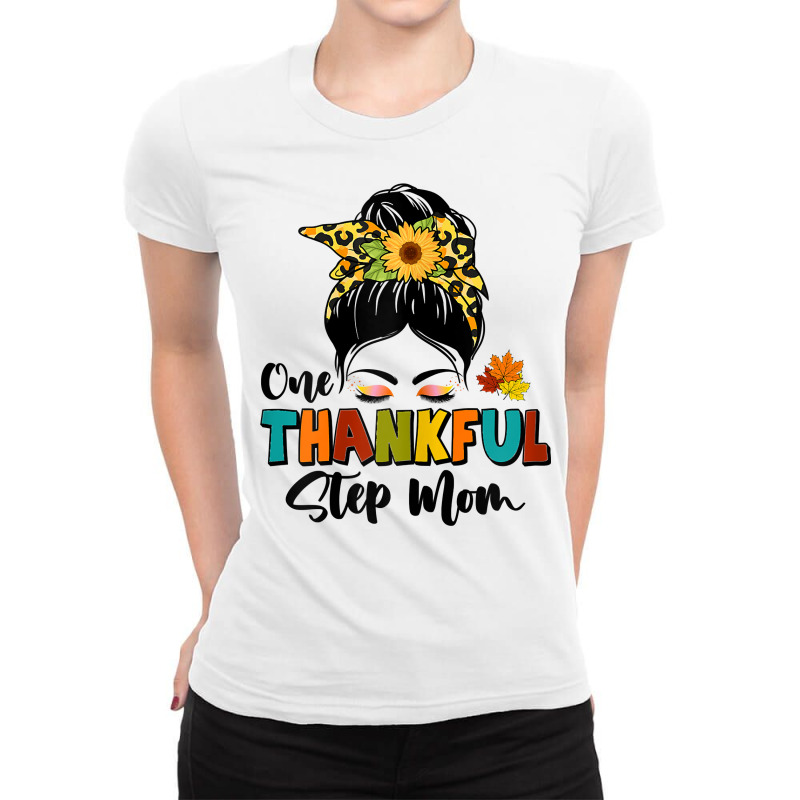 Womens One Thankful Step Mom Leopard Messy Bun Fall Thanksgiving T Shi Ladies Fitted T-Shirt by cm-arts | Artistshot