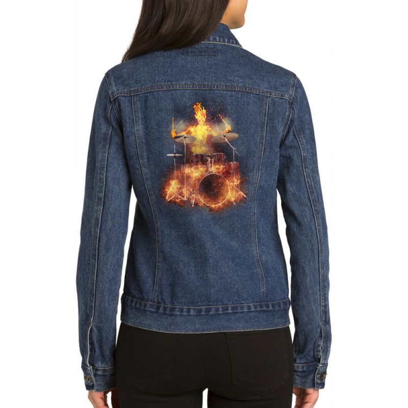 Flaming Skeleton Drummer Set 1, Flaming Skeleton Drummer Set 1 Art, Fl Ladies Denim Jacket | Artistshot