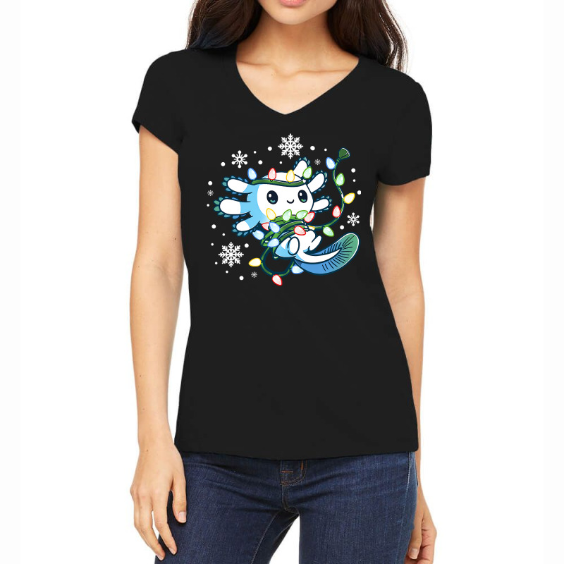 Axolotl Wrapped Up In Christmas Lights Funny Xmas 446 Women's V-Neck T-Shirt by coolquirrell | Artistshot