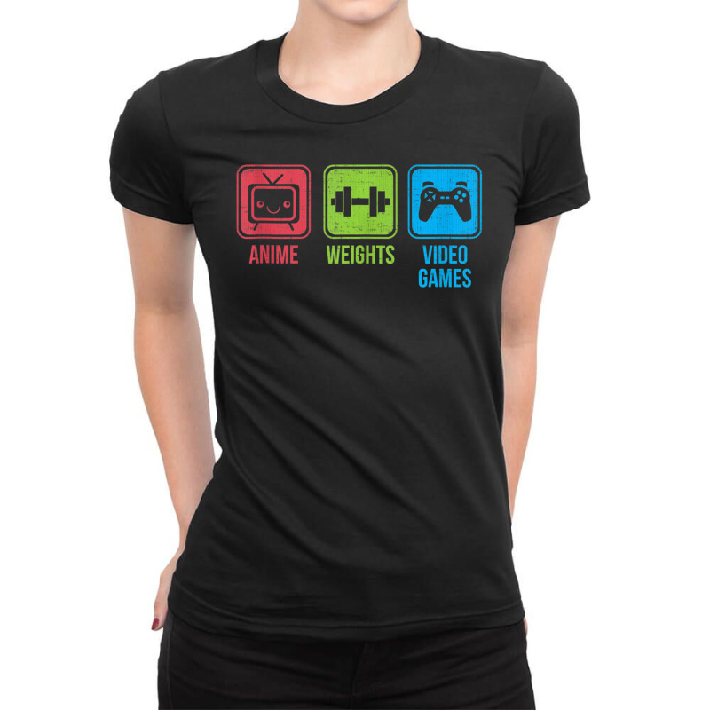 Anime, Weights, Video Games Otaku Workout Ladies Fitted T-Shirt by Min01 | Artistshot