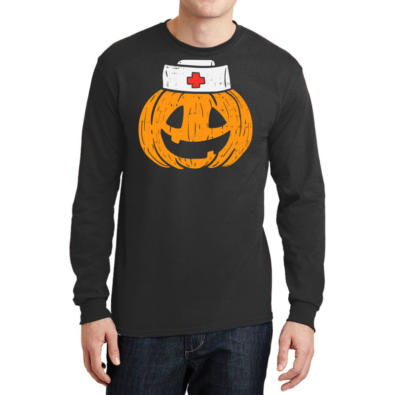 Womens Pumpkin Nurse Funny Scary Halloween Costume Rn Cna Icu Girls Long Sleeve Shirts | Artistshot