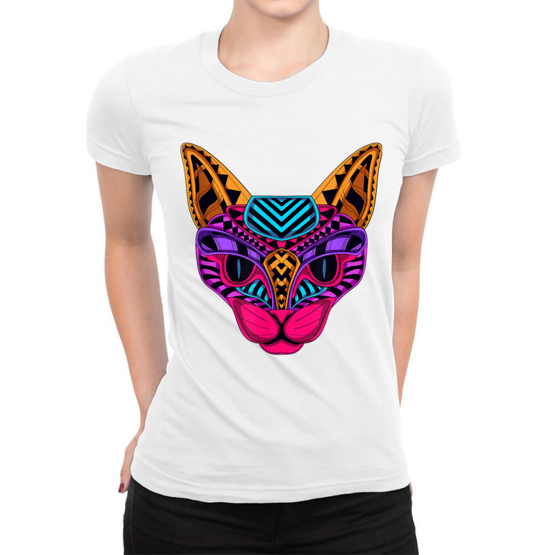 Black Cat Colorful Radiant Cat Head T Shirt Ladies Fitted T-Shirt by cm-arts | Artistshot