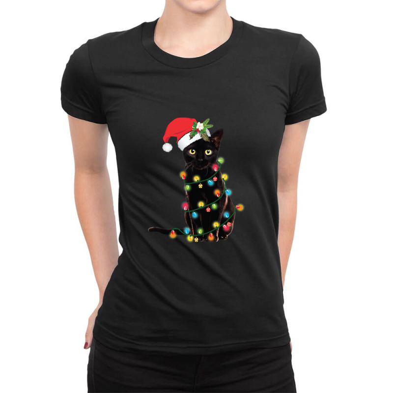 Black Santa Cat Tangled Up In Lights Christmas Santa Illustration Ladies Fitted T-Shirt by cm-arts | Artistshot