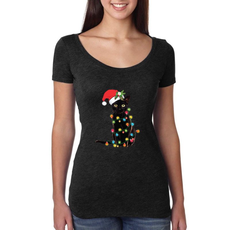 Black Santa Cat Tangled Up In Lights Christmas Santa Illustration Women's Triblend Scoop T-shirt by cm-arts | Artistshot