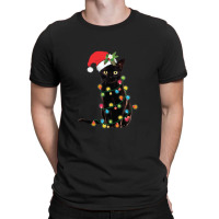 Black Santa Cat Tangled Up In Lights Christmas Santa Illustration T-shirt | Artistshot