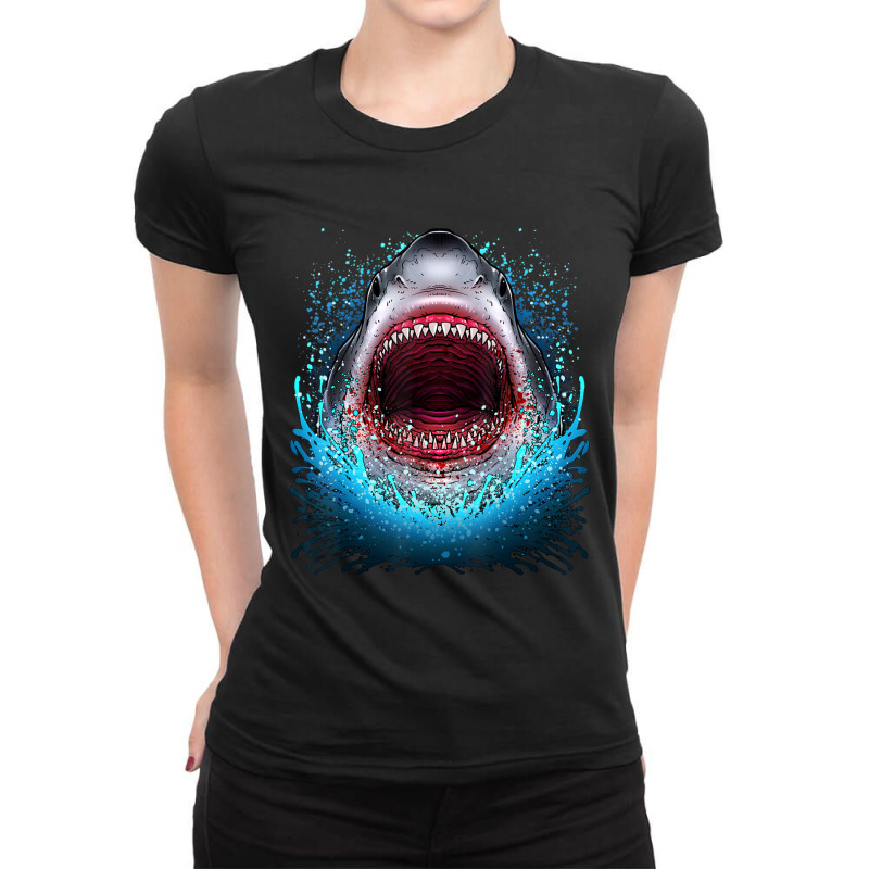 Great White Shark Open Mouth Teeth Beach Ocean Animal Ladies Fitted T-Shirt by Kanmopsuk45 | Artistshot