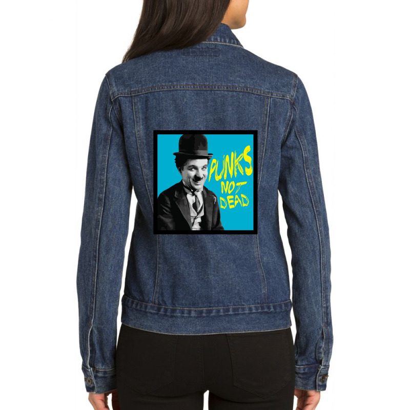 Punks Not Dead Charlie Chaplin Typographic Illustration 1 Ladies Denim Jacket by cm-arts | Artistshot