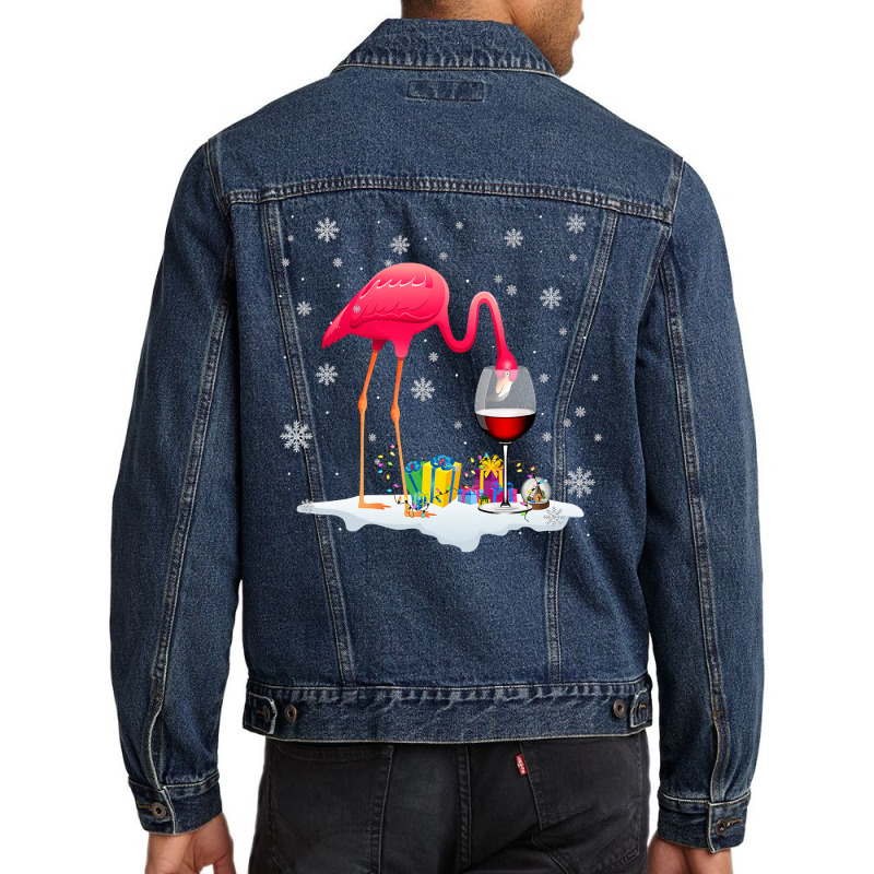 Flamingo Tropical Funny Pink Flamingo Drink Wine On Christmas Xmas 497 Men Denim Jacket by coolquirrell | Artistshot